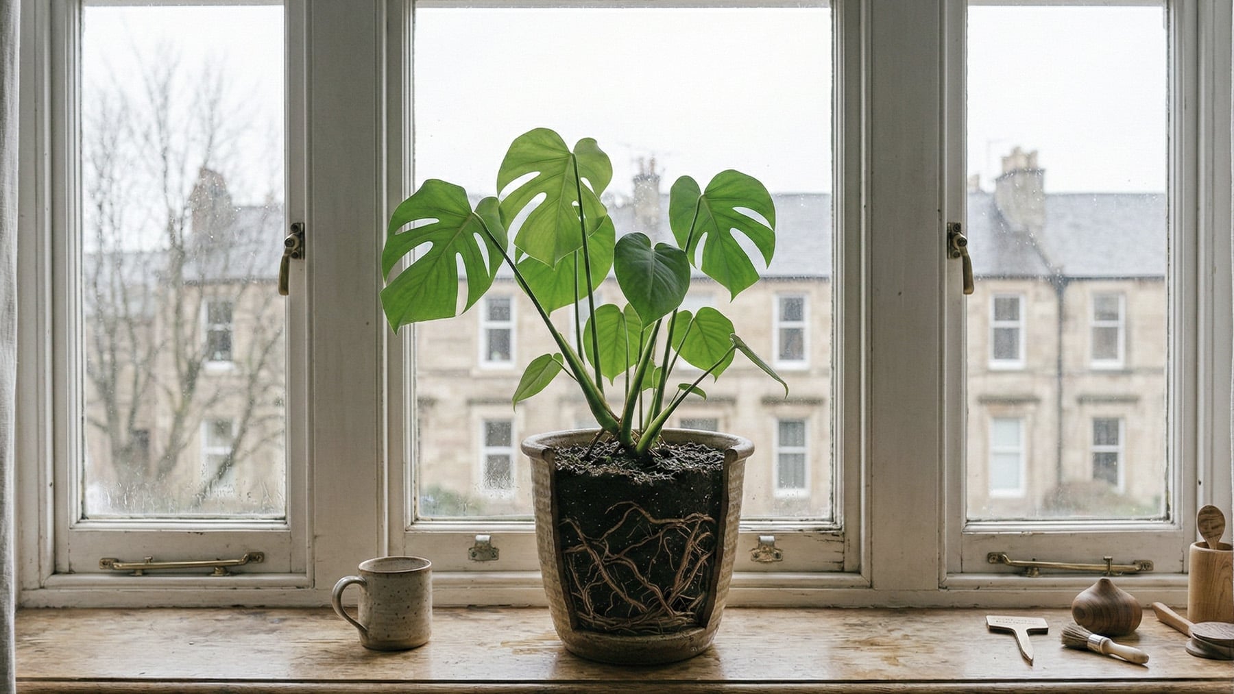 Planta de interior y sus raíces. Foto: ilustración propia.