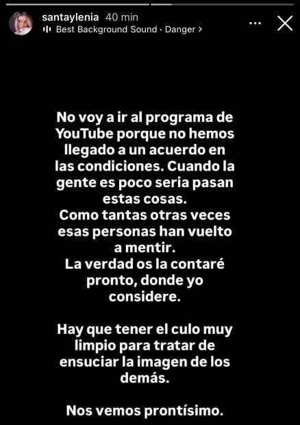 El mensaje de Ylenia Padilla en el que carga contra ZonaGemelos (Instagram).