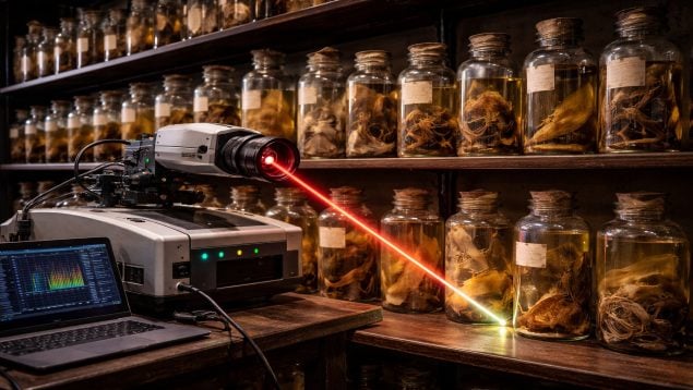 Usan láser para averiguar cuál es el líquido conservante que usaba Darwin, qué líquido usaba Charles Darwin para conservar animales, frascos conservados de Darwin, disparan láser a los frascos de Darwin.