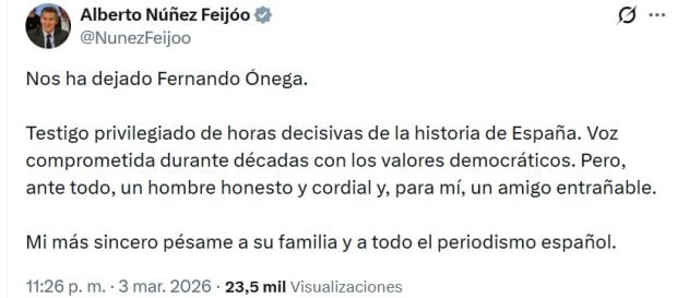 Mensaje de despedida de Alberto N&uacute;&ntilde;ez Feij&oacute;o tras la muerte de Fernando &Oacute;nega (X).