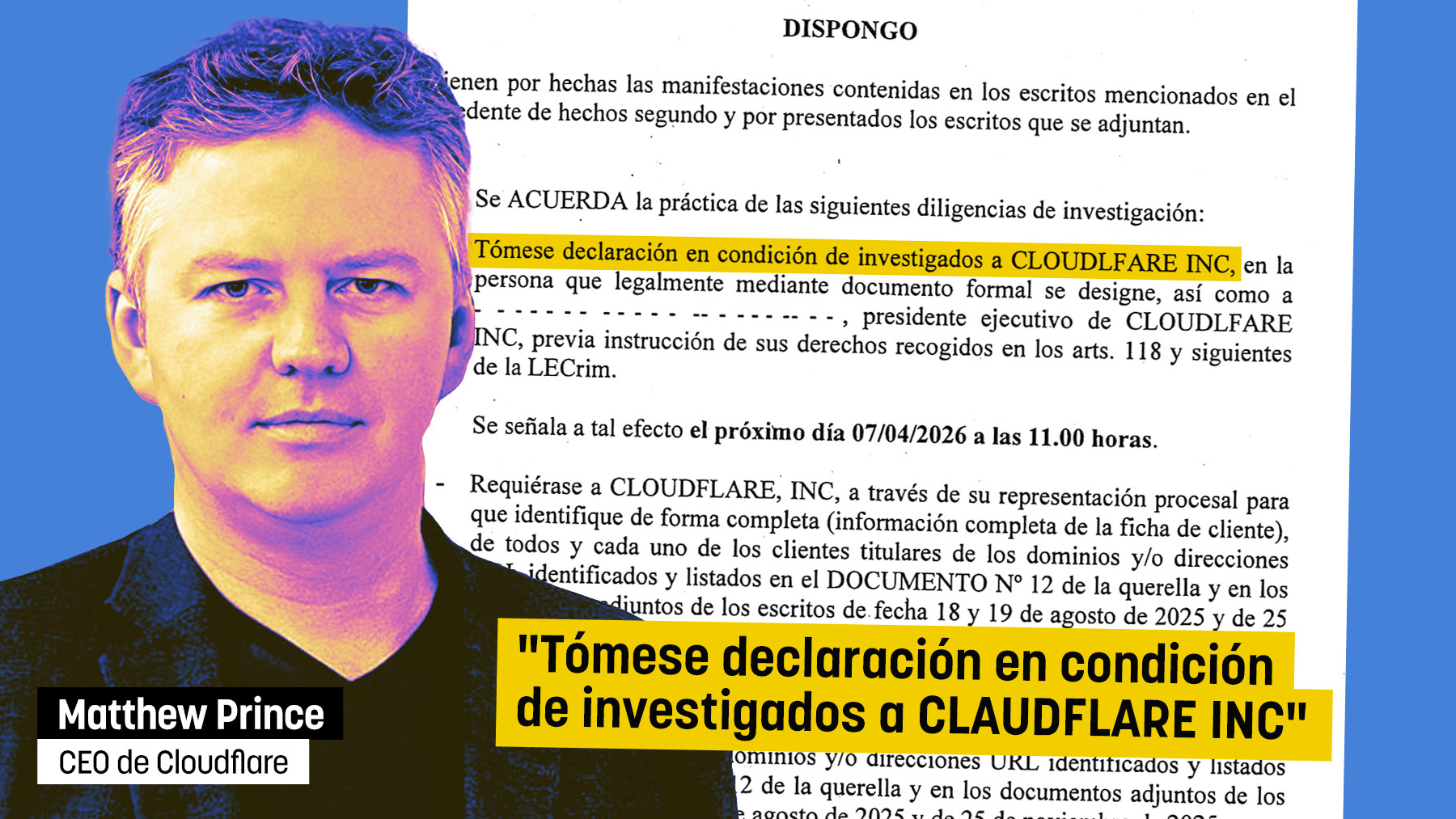 La Justicia imputa al CEO de Cloudflare por piratería y amenazas tras la denuncia de La Liga y Movistar