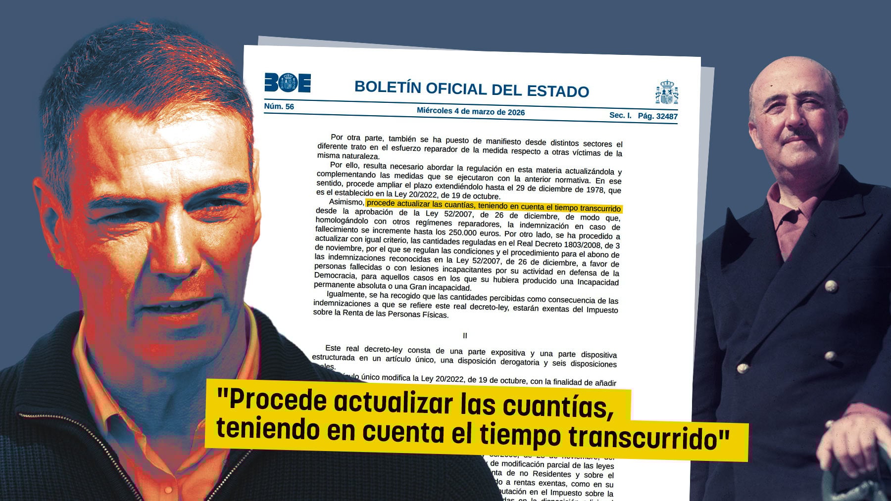 Sánchez duplica hasta los 250.000 € las ayudas a las víctimas de Franco, 34.000 más que a las de Adamuz