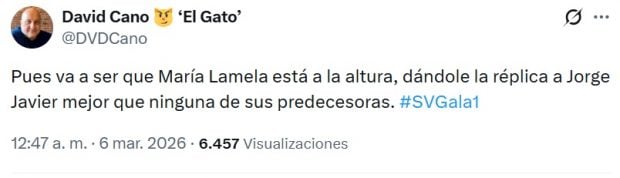 Tuit sobre el estreno de Mar&iacute;a Lamela como presentadora de Supervivientes 2026 (Mediaset).