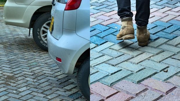 Instalación de adoquines de Gjenge Makers en el Ministerio de Transporte en Jogoo Road. Para este proyecto de 2022, se reutilizaron 9 toneladas de residuos plásticos con el fin de pavimentar una superficie de 564 metros cuadrados. (Foto: Gjenge Makers)