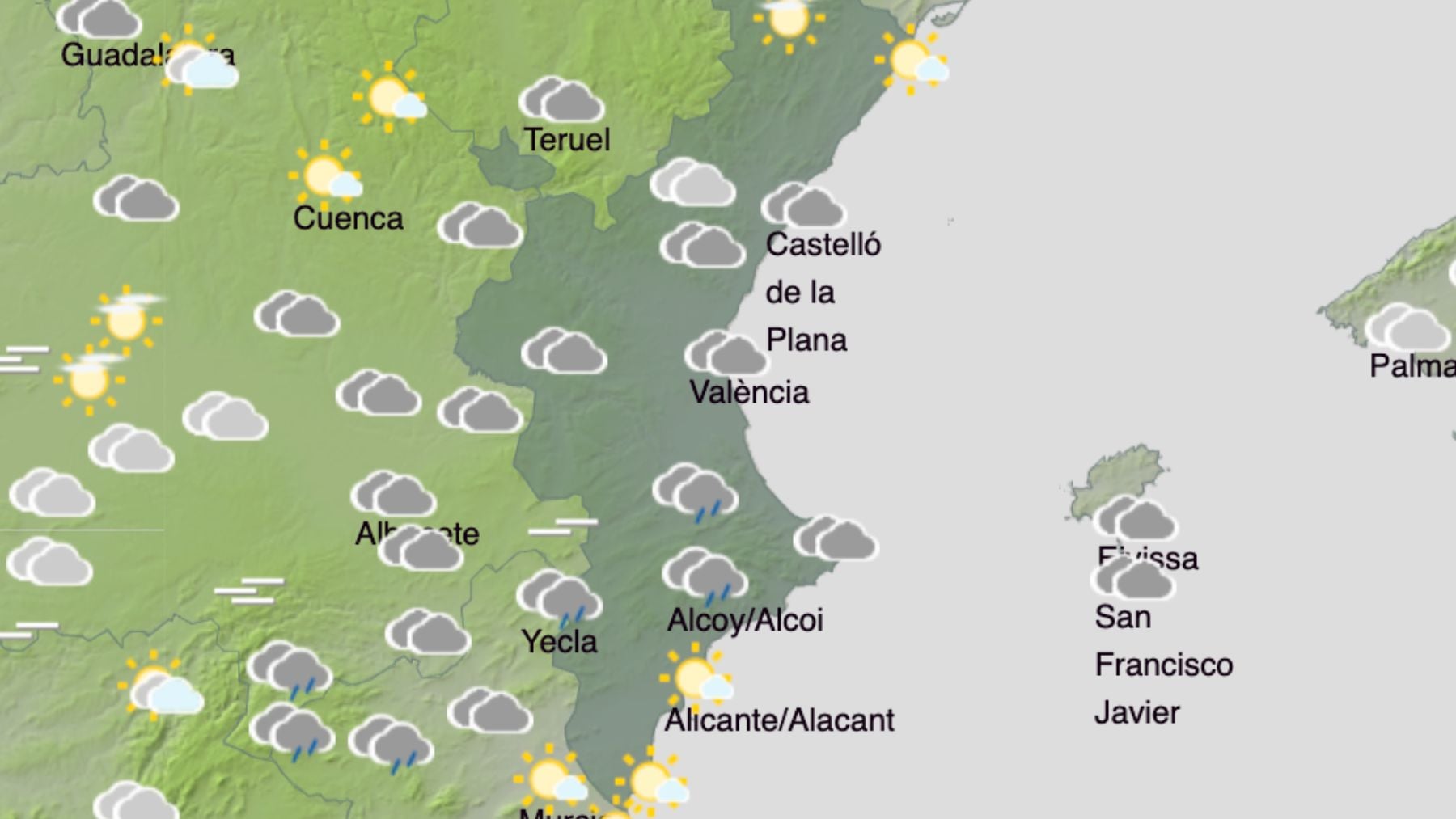 El mapa del tiempo en la Comunidad Valenciana. (Foto: AEMET)