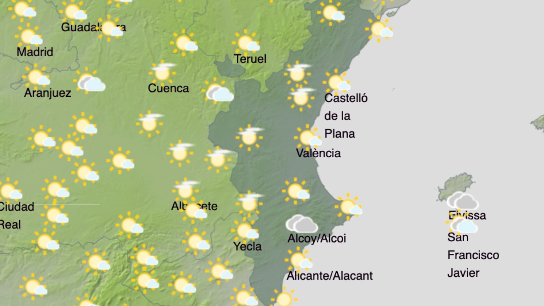 El mapa del tiempo en la Comunidad Valenciana. (Foto: AEMET)