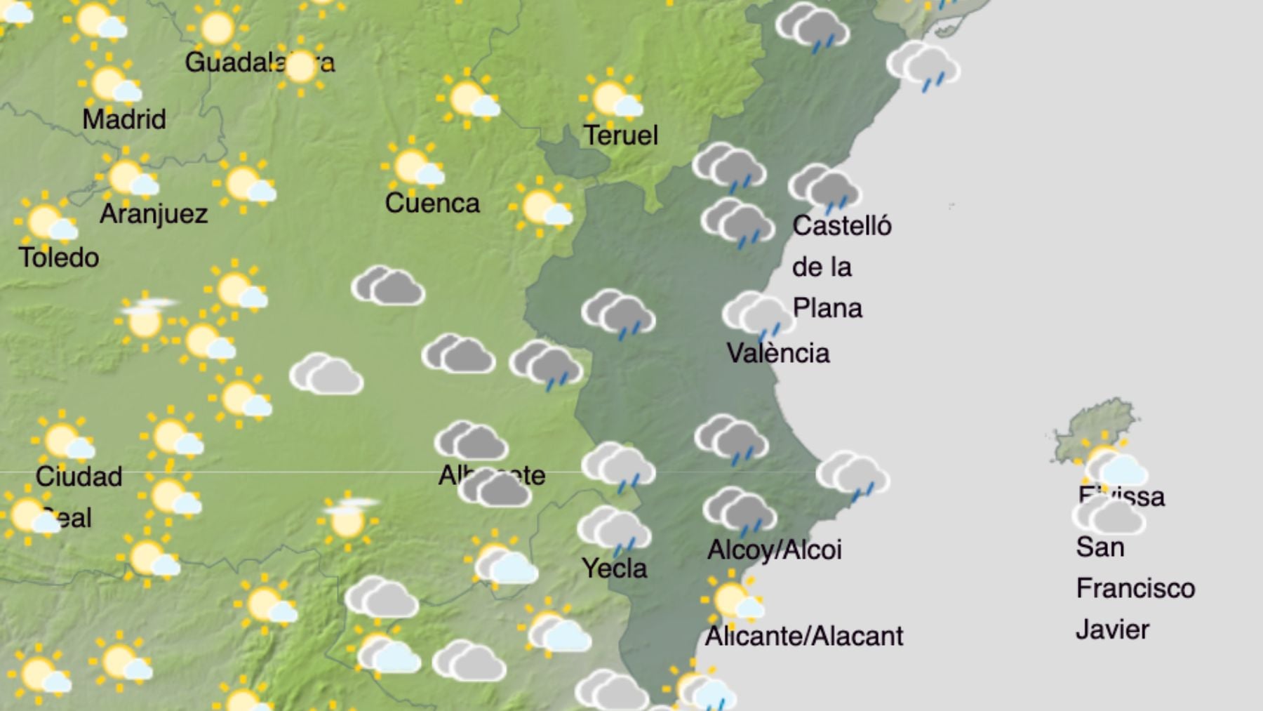 El mapa del tiempo en la Comunidad Valenciana. (Foto: AEMET)