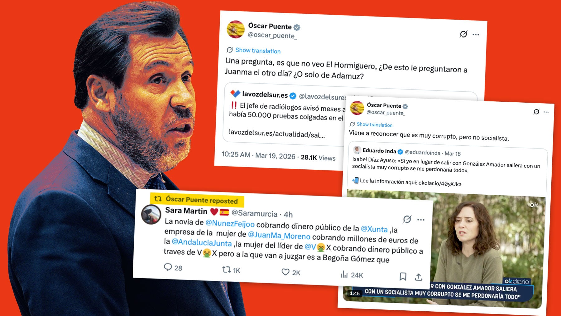 Puente desatado: lanza en hora y media tuits contra Ayuso y las mujeres de Feijóo y Moreno