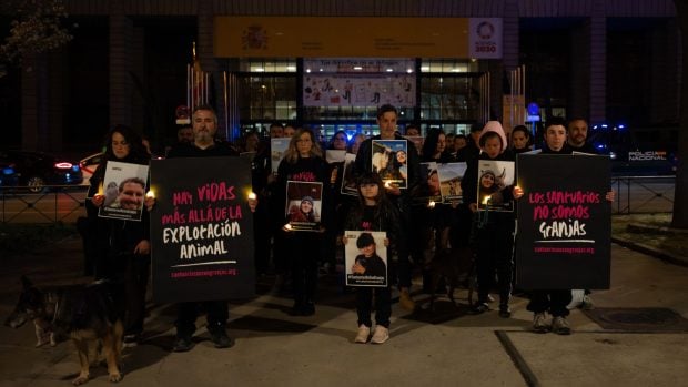 Protesta realizada anoche por los santuarios de animales en Madrid.