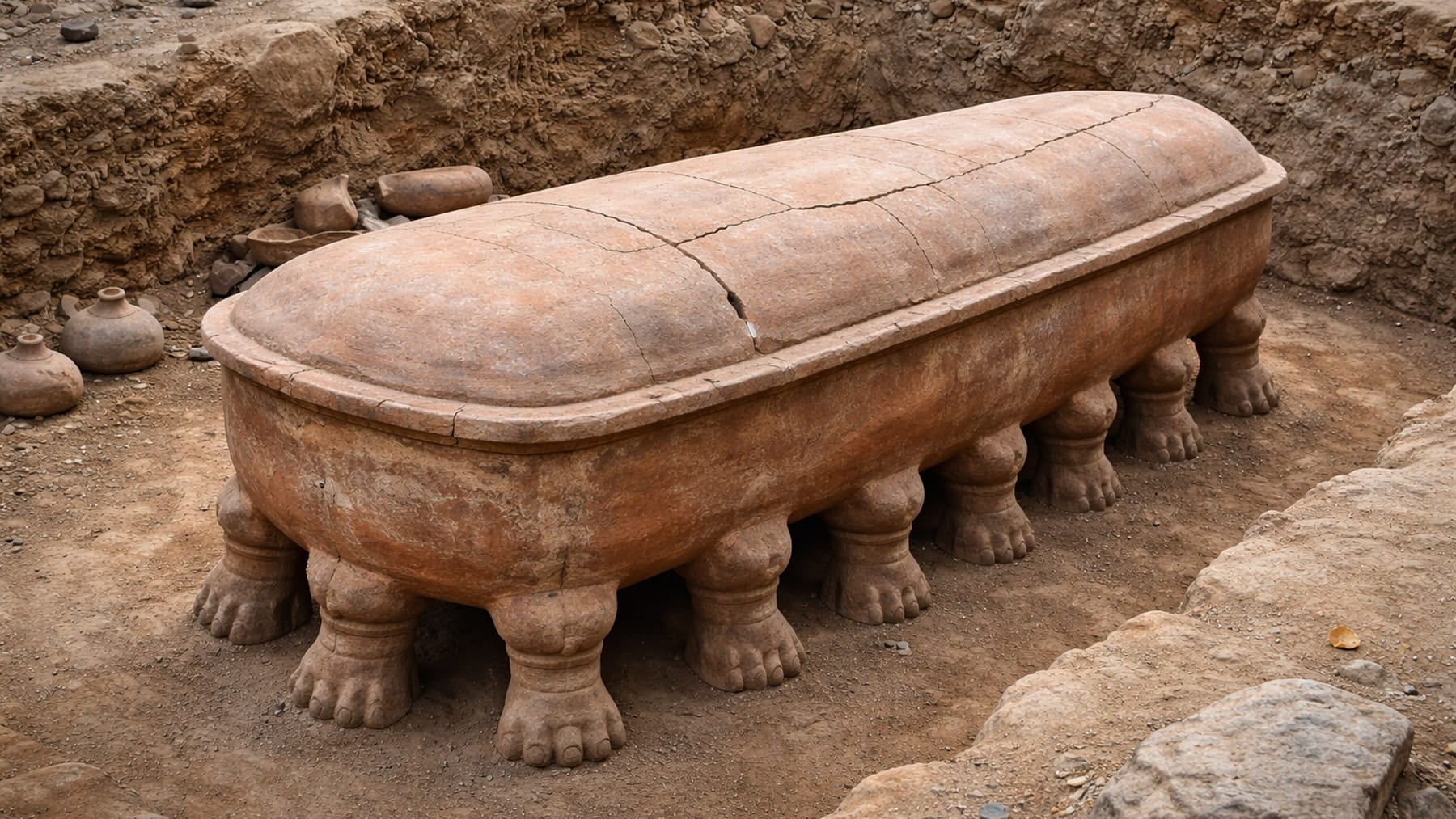 Conmoción entre los arqueólogos tras hallar un extraño sarcófago cerámico con 12 patas de hace 2.300 años