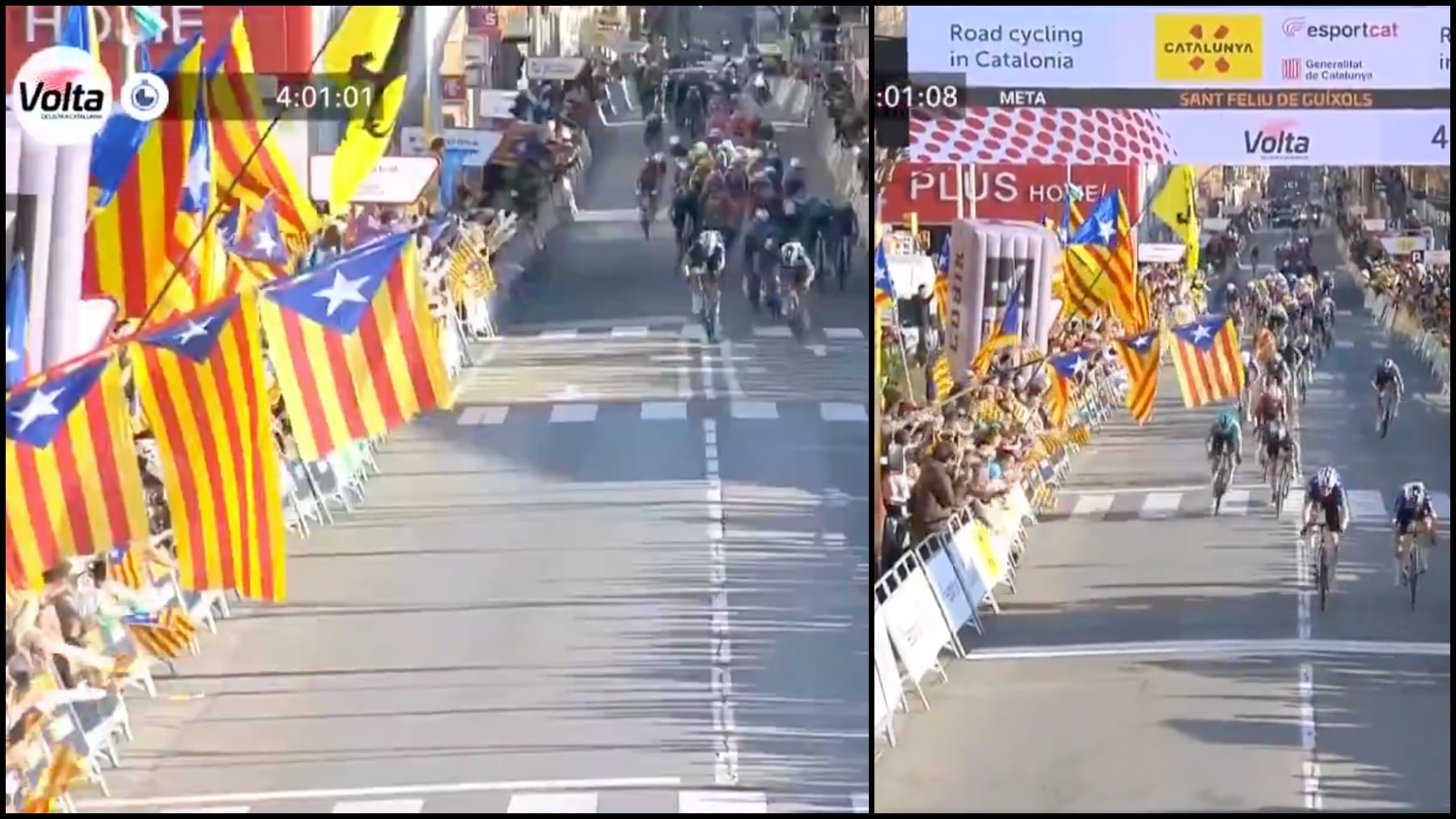 Lamentable imagen de la Volta a Cataluña con las esteladas casi golpeando al pelotón en el sprint