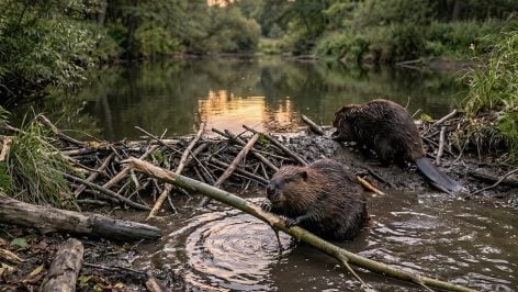 Recreación de unos castores en un río.