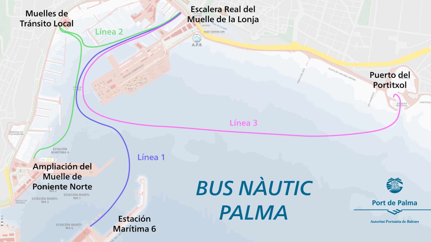 Estaciones y líneas que cubrirá el Bus Náutico del puerto de Palma.