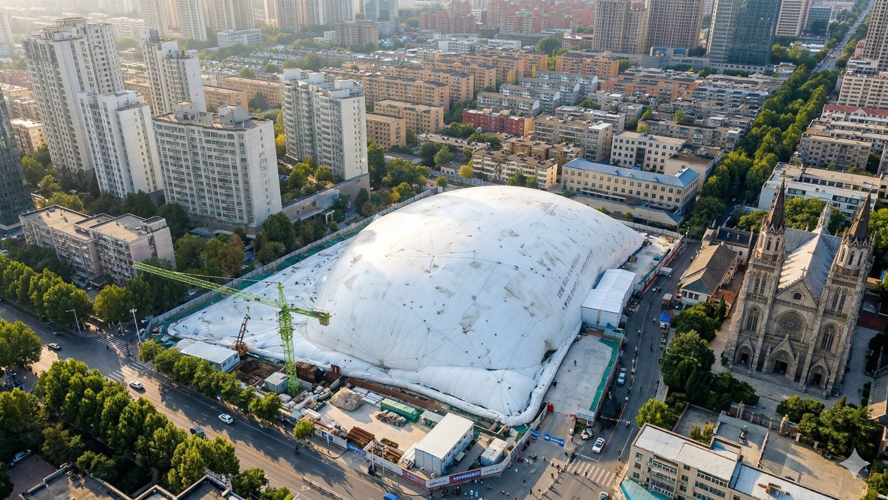 China vuelve a romper moldes: mete una obra dentro de una cúpula inflable de 20.000 m2 para no molestar a los vecinos