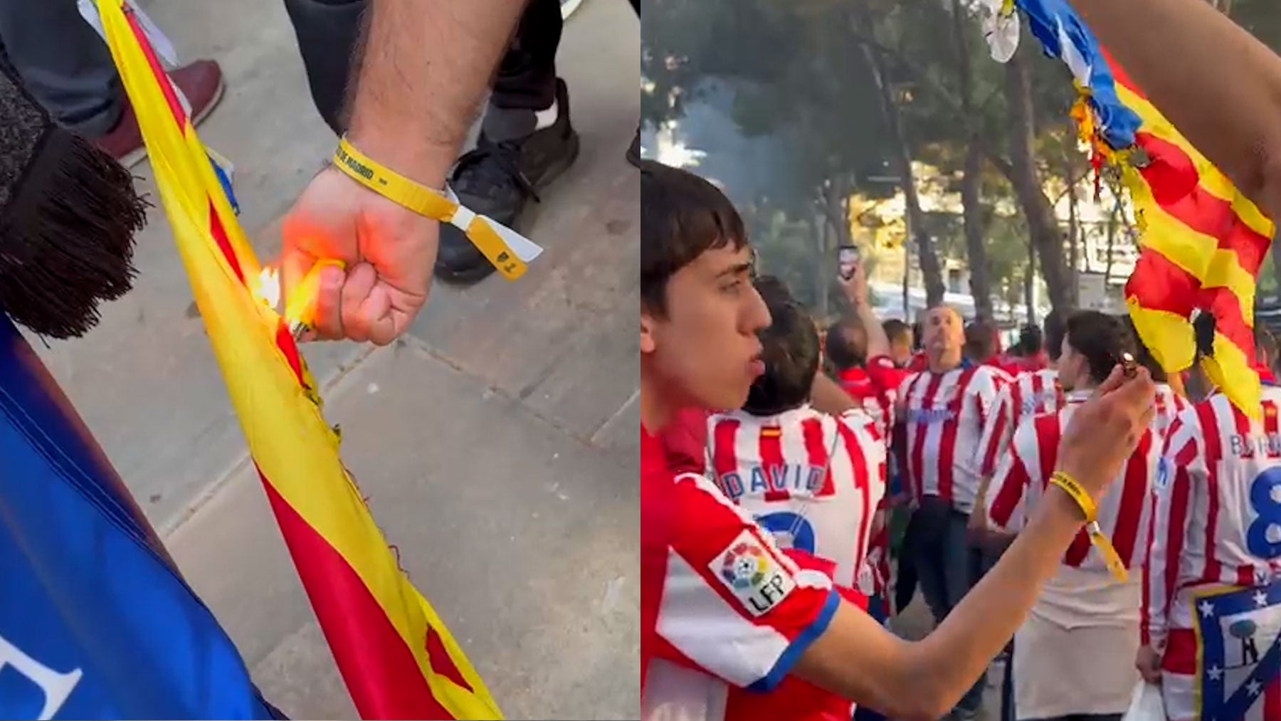 Aficionados del Atlético queman esteladas antes de entrar en el Camp Nou