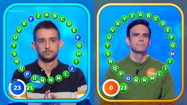 David y Javier en su primer duelo en el Rosco de Pasapalabra (Atresmedia).