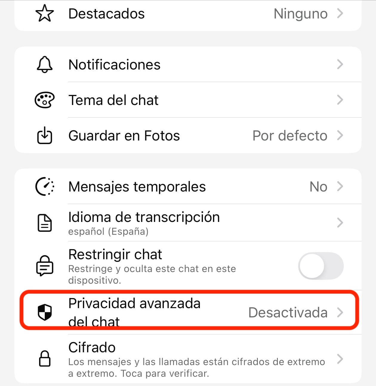 privacidad avanzada del chat de WhatsApp
