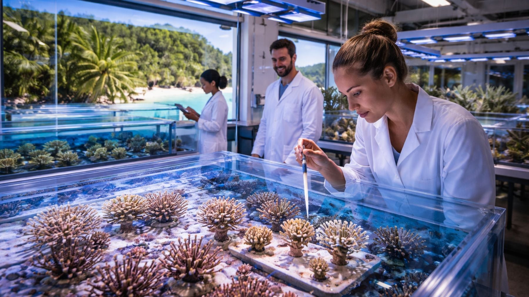 Recreación artística de investigadores trabajando en un laboratorio en Seychelles dedicado a la reproducción de corales en tierra firme. Foto: elaboración propia