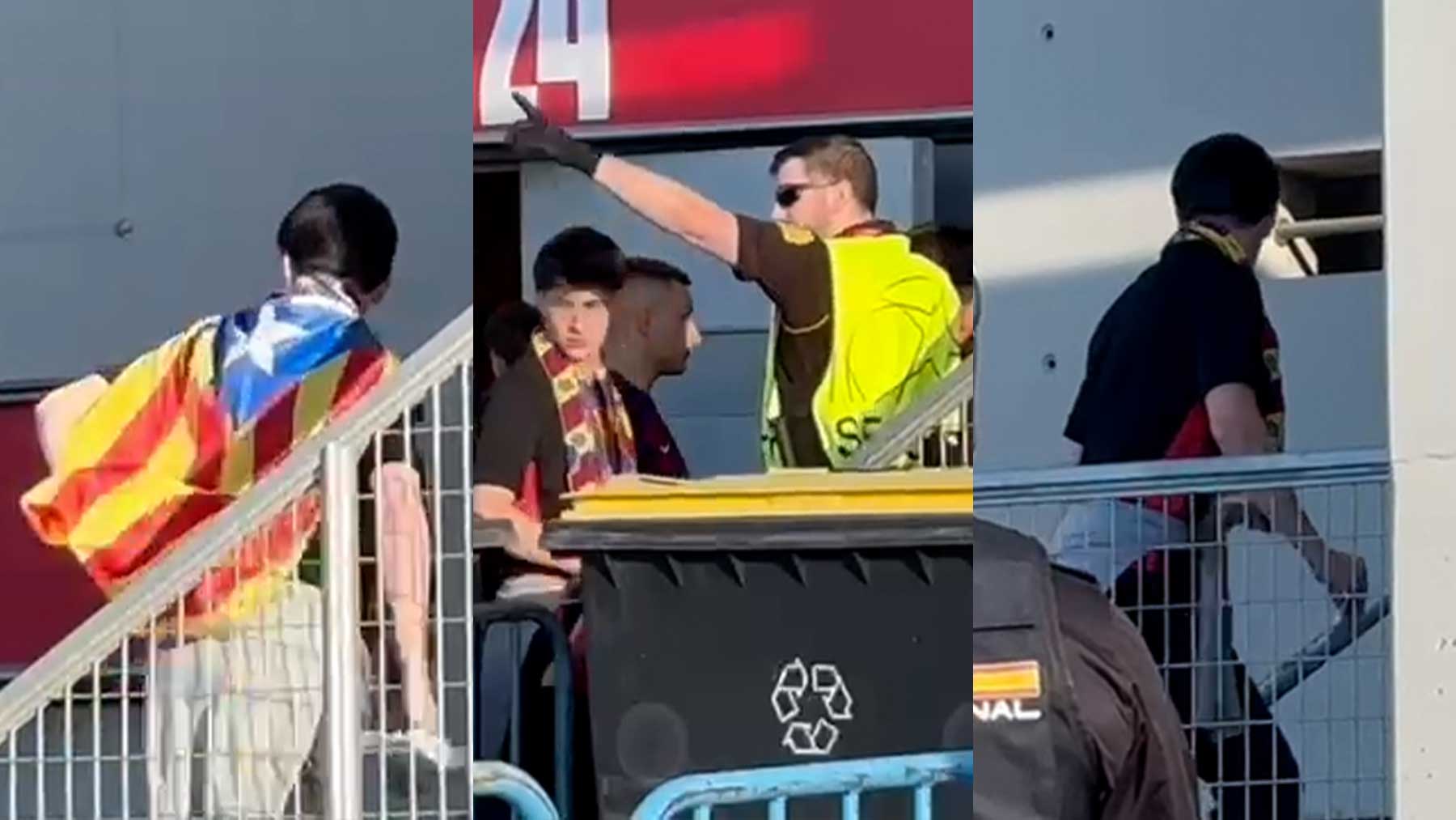 OKDIARIO caza a la seguridad del Atlético quitando esteladas a los hinchas del Barça en el Metropolitano