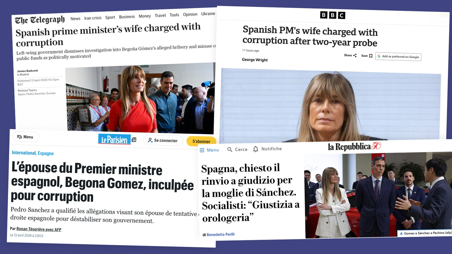 Begoña Gómez en las portadas de todos los medios internacionales tras ser procesada por 4 delitos de corrupción