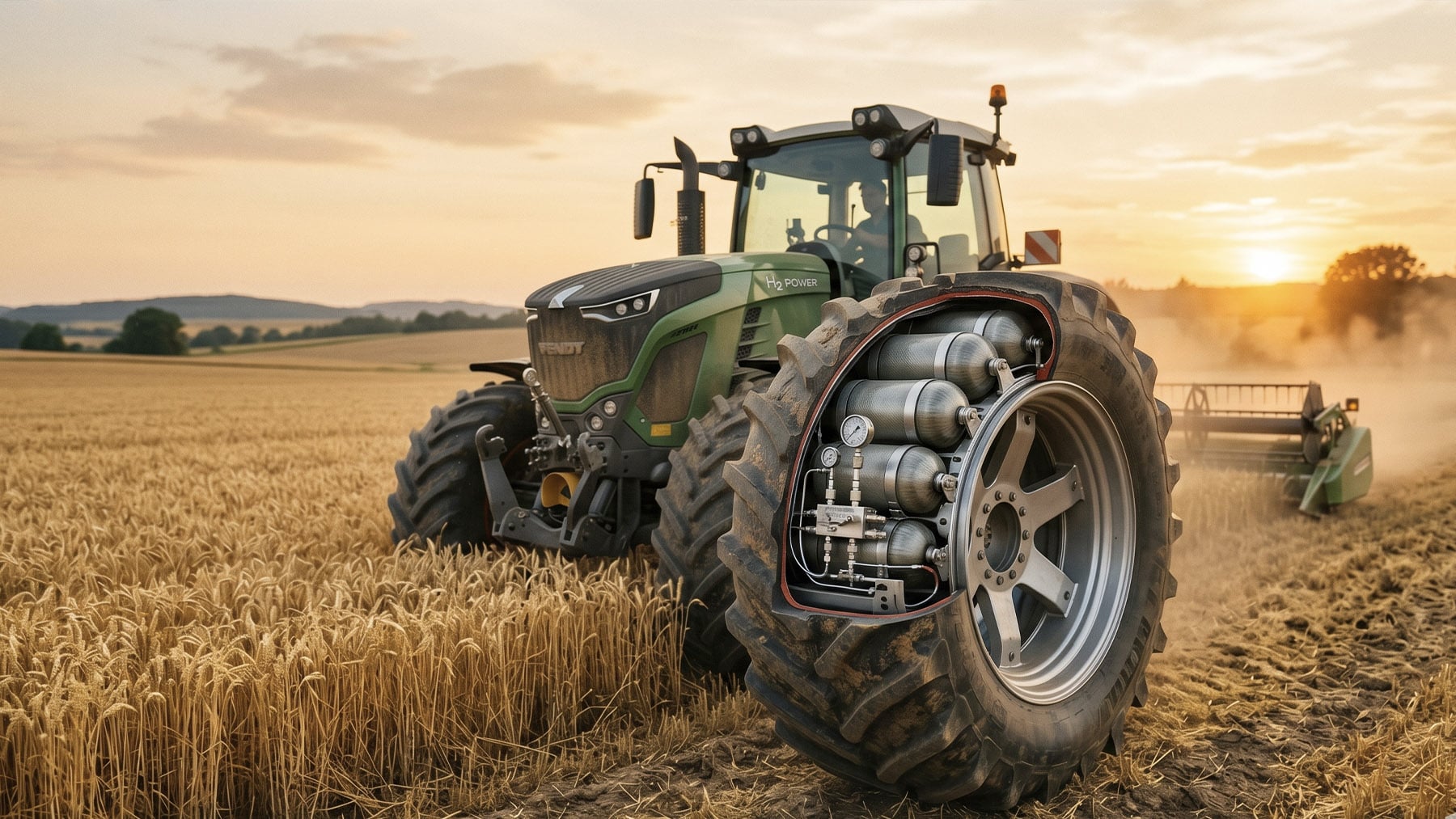 Ilustración de las ruedas de tractor con hidrógeno. Foto: ilustración propia.