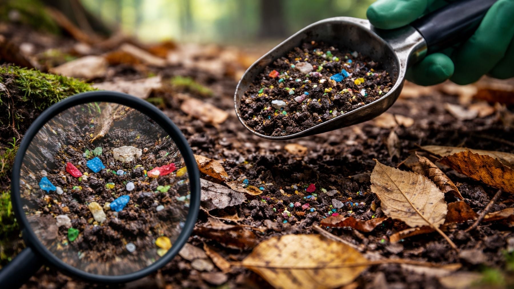 Recreación artística de un investigador analiza una muestra de suelo forestal donde se observan microplásticos acumulados entre materia orgánica. Foto: elaboración propia