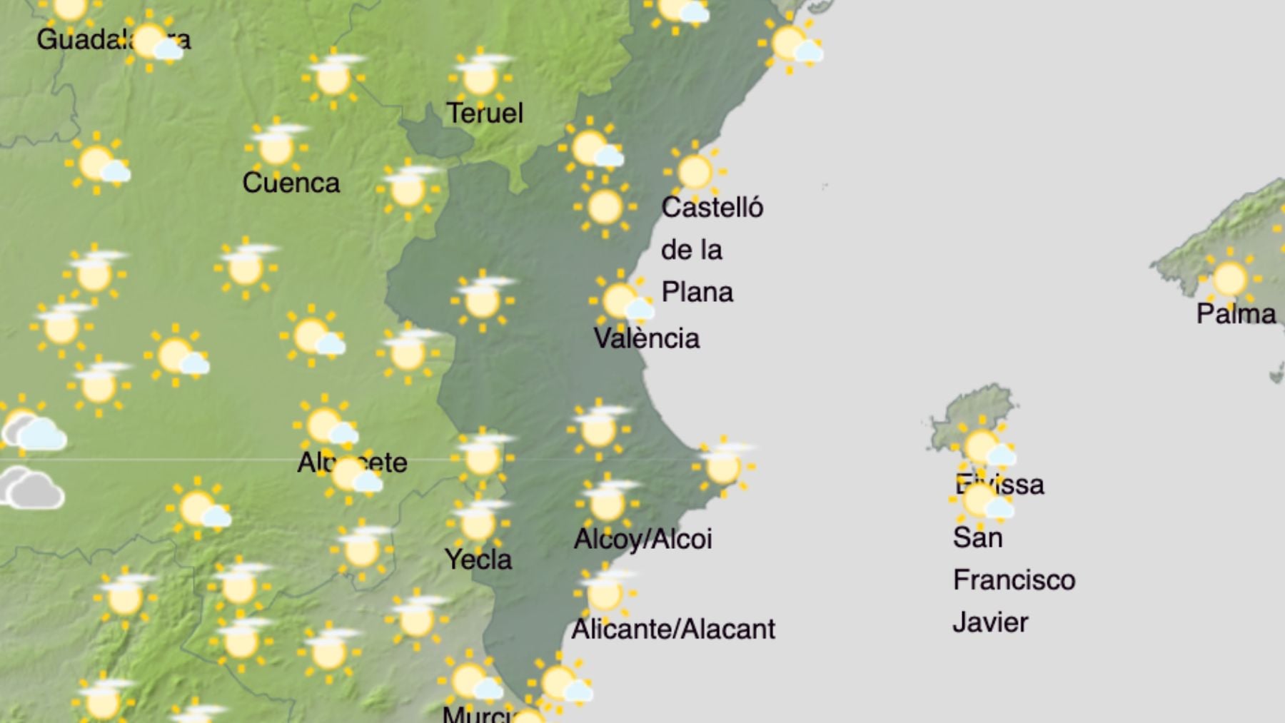 El mapa del tiempo en la Comunidad Valenciana. (Foto: AEMET)