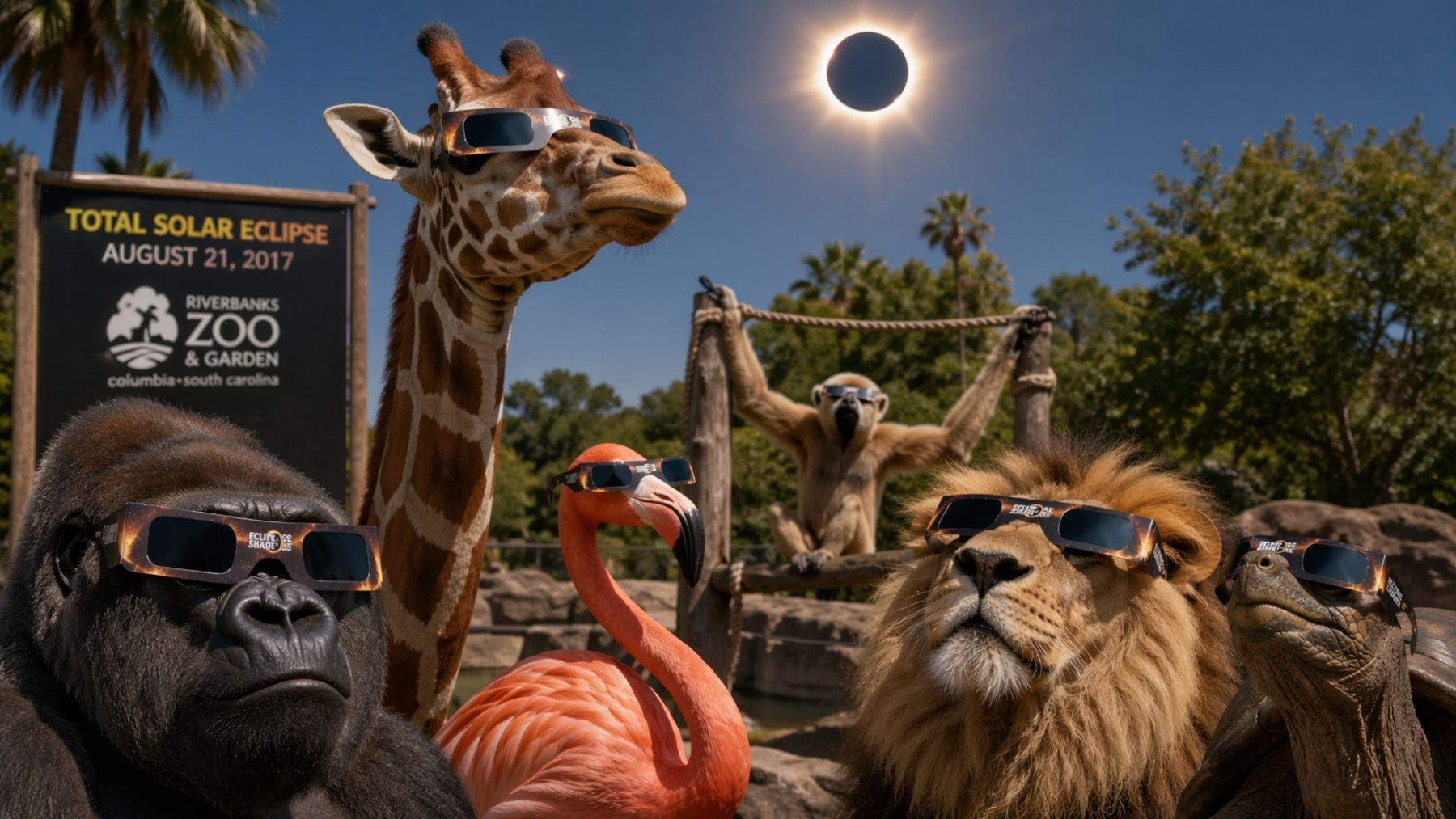 Animales contemplando el eclipse de sol. Generado por IA.