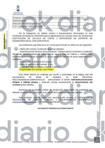 Contrato firmado por Leo Chaves adjudicado a la empresa del novio de la alcaldesa de Alcal&aacute; de Guada&iacute;ra. 