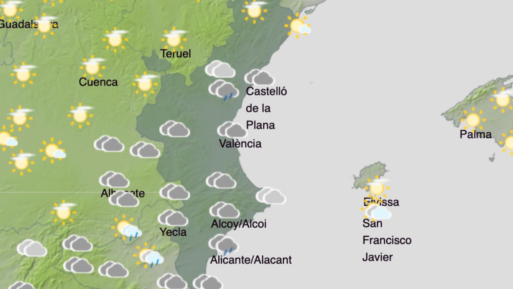 El mapa del tiempo en la Comunidad Valenciana. (Foto: AEMET)