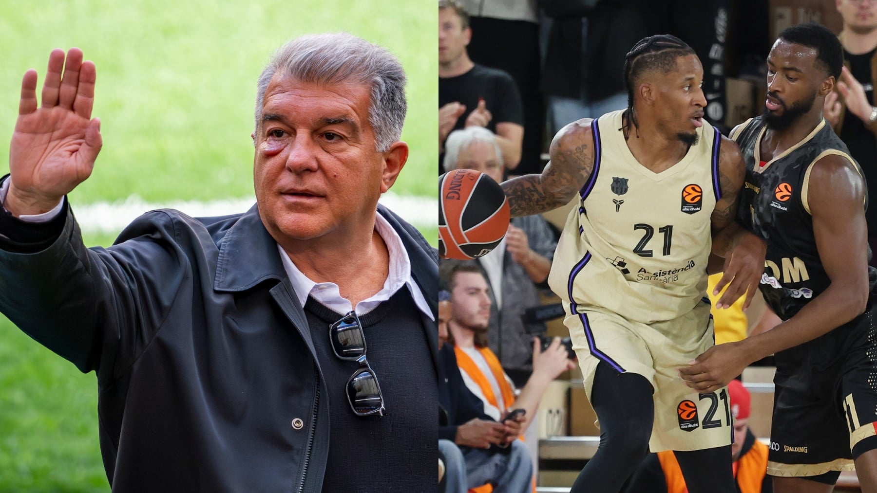 Joan Laporta y Will Clyburn, en el duelo ante el Mónaco. (EP)