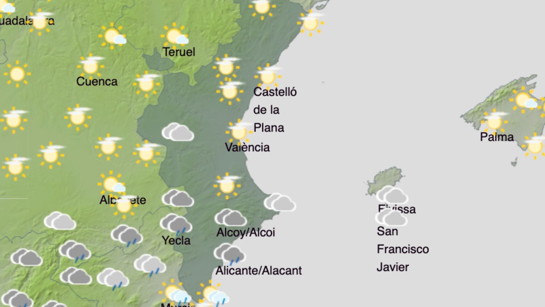 El mapa del tiempo en la Comunidad Valenciana. (Foto: AEMET)