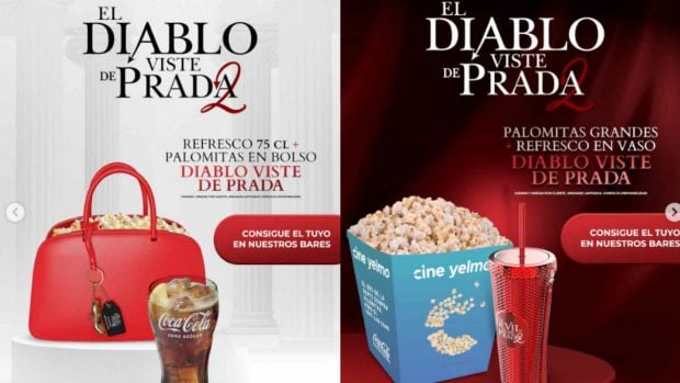 Imagen de los palomiteros de El diablo viste de Prada que se pueden encontrar en Cines Yelmo (Instagram/Montaje Happy FM)