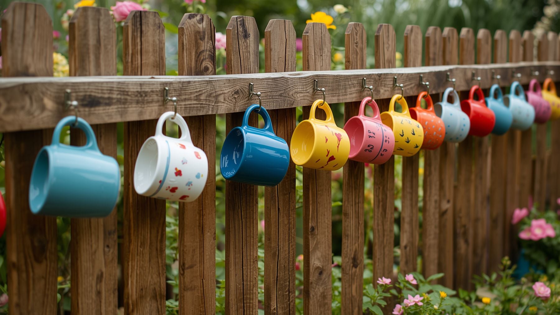 Tazas coloridas en un jardín