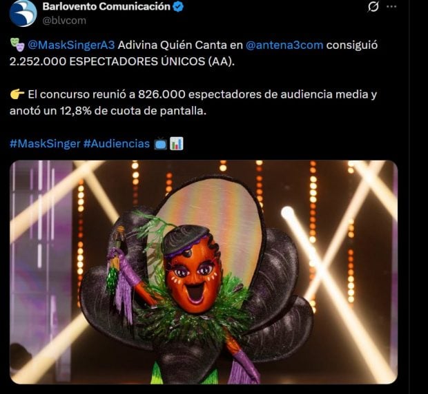 Audiencia de Mask Singer en la noche del 29 de abril de 2026 (Barlovento Comunicaci&oacute;n/X).