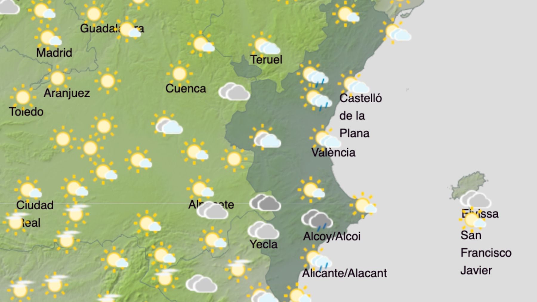 El mapa del tiempo en la Comunidad Valenciana. (Foto: AEMET)