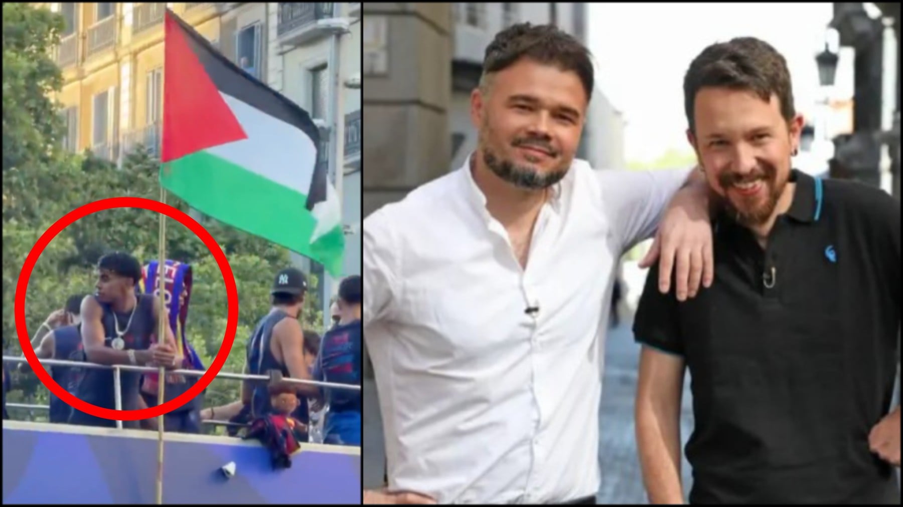Iglesias, Évole, Rufián... la izquierda radical se lanza a captar a Lamine tras ondear la bandera de Palestina