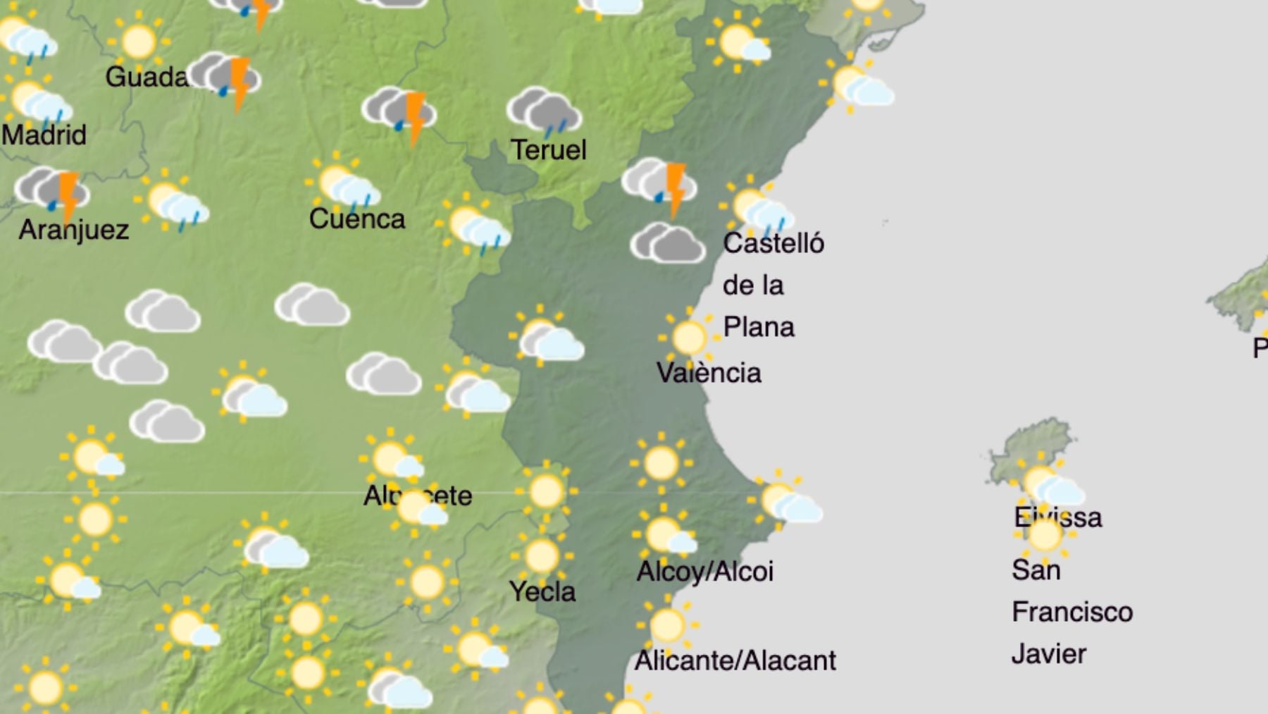 El mapa del tiempo en la Comunidad Valenciana. (Foto: AEMET)
