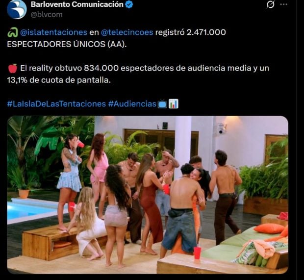 Tuit de Barlovento Comunicaci&oacute;n con la audiencia de La isla de las tentaciones (X).