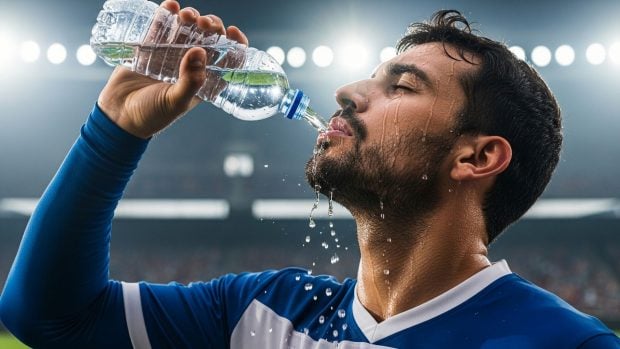 Jugador hidrat&aacute;ndose durante un partido. Generado por IA. 