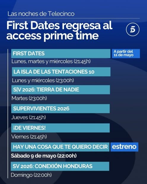 As&iacute; queda la parrilla de Telecinco en sus noches desde el 11 de mayo (Mediaset).