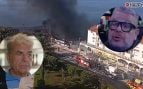 Miguel, dueño del ZM Isla del Ciervo, y Alberto Chicote junto a una imagen del incendio del restaurante (Atresmedia/X).