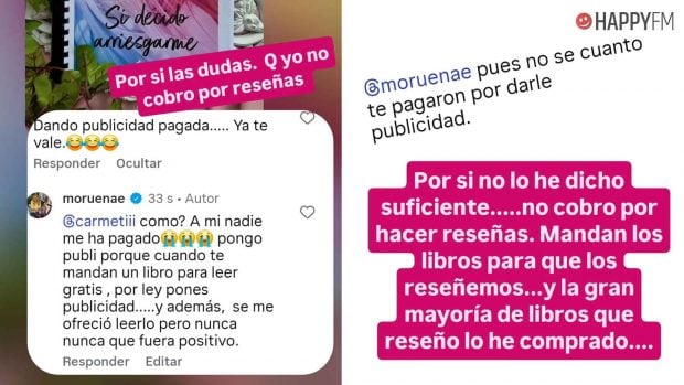 Capturas de las criticas recibidas por la influencer Moruena Estr&iacute;ngana por su rese&ntilde;a del libro de Alejandra Rubio (Instagram).