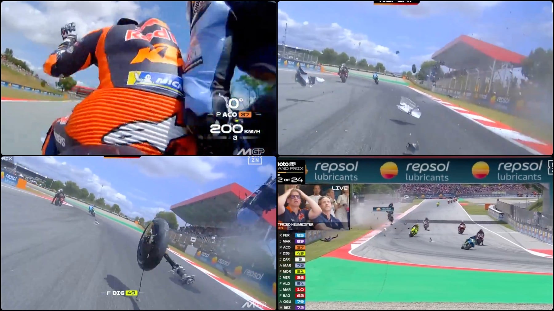 Bandera roja en Montmeló: brutal accidente de Álex Márquez tras chocar con Acosta