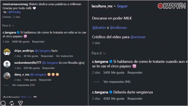 Capturas de los comentarios de C Tangana contra J Balvin (Instagram).