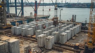 Puerto marítimo de Singapur con bloques de hormigón (Imagen hecha con IA)