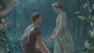 Hermia y Lisandro. El sueño de una noche de verano. Obra de John Simmons (1870) Acuarela realzada con gouache sobre papel colocado sobre lienzo. Dominio público - Wikimedia Commons