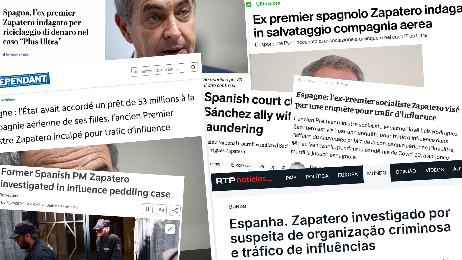 La imputación de Zapatero en las portadas de los periódicos y las televisiones de todo el mundo