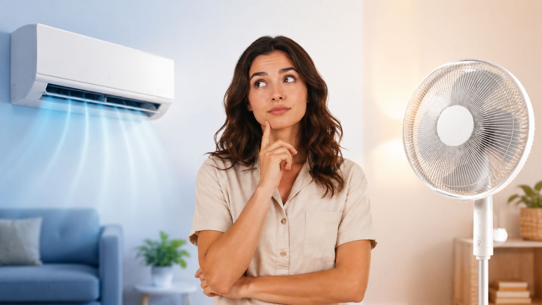 Muchas personas tienen dudas a la hora de decantarse por el ventilador o el aire acondicionado para afrontar el calor veraniego. Generado por IA.