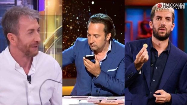 Pablo Motos, Iker Jiménez y David Broncano (Atresmedia/Mediaset/RTVE).